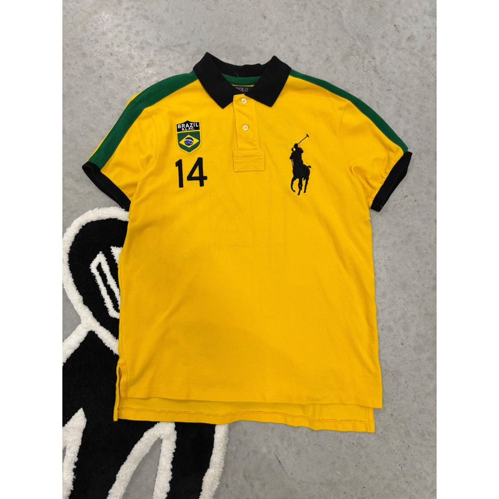 Polo Ralph Lauren Brazil Big Pony Polo Shirt Yellow Mens Large 14 Custom Fit